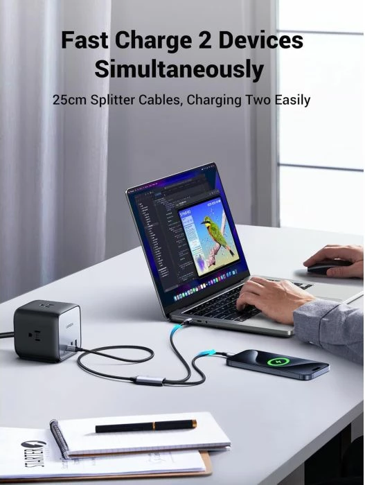 kablë karikimi USB-C 2-në-1 UGREEN 35087, 100W PD, ndarës Y me 2 dalje USB-C, e thurur nylon, gri e errët