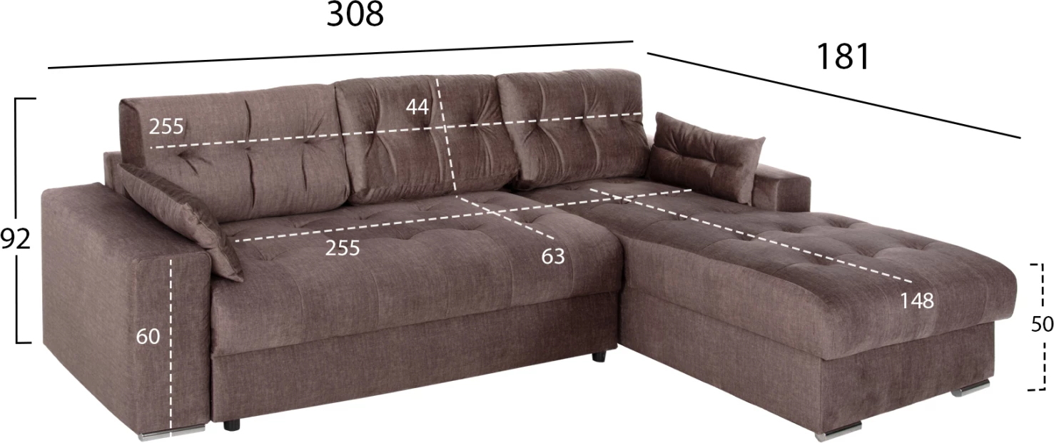 Divan qoshe me shtrat dhe hapësirë ruajtëse, CLANCY, FH3281.03R, pëlhurë kafe, 308x181x92H cm
