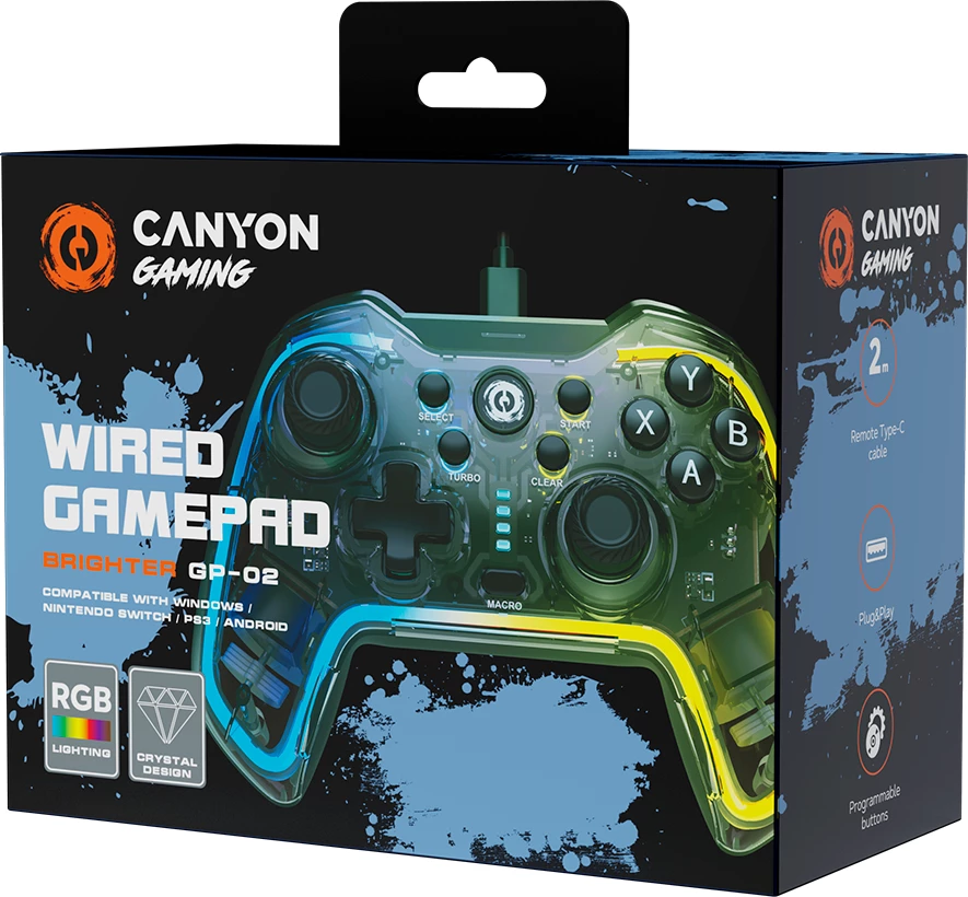Gamepad CANYON Brighter GP-02, wired USB-C 2 m, RGB, 22 butona, 12 programueshëm, Crystal (transparent)