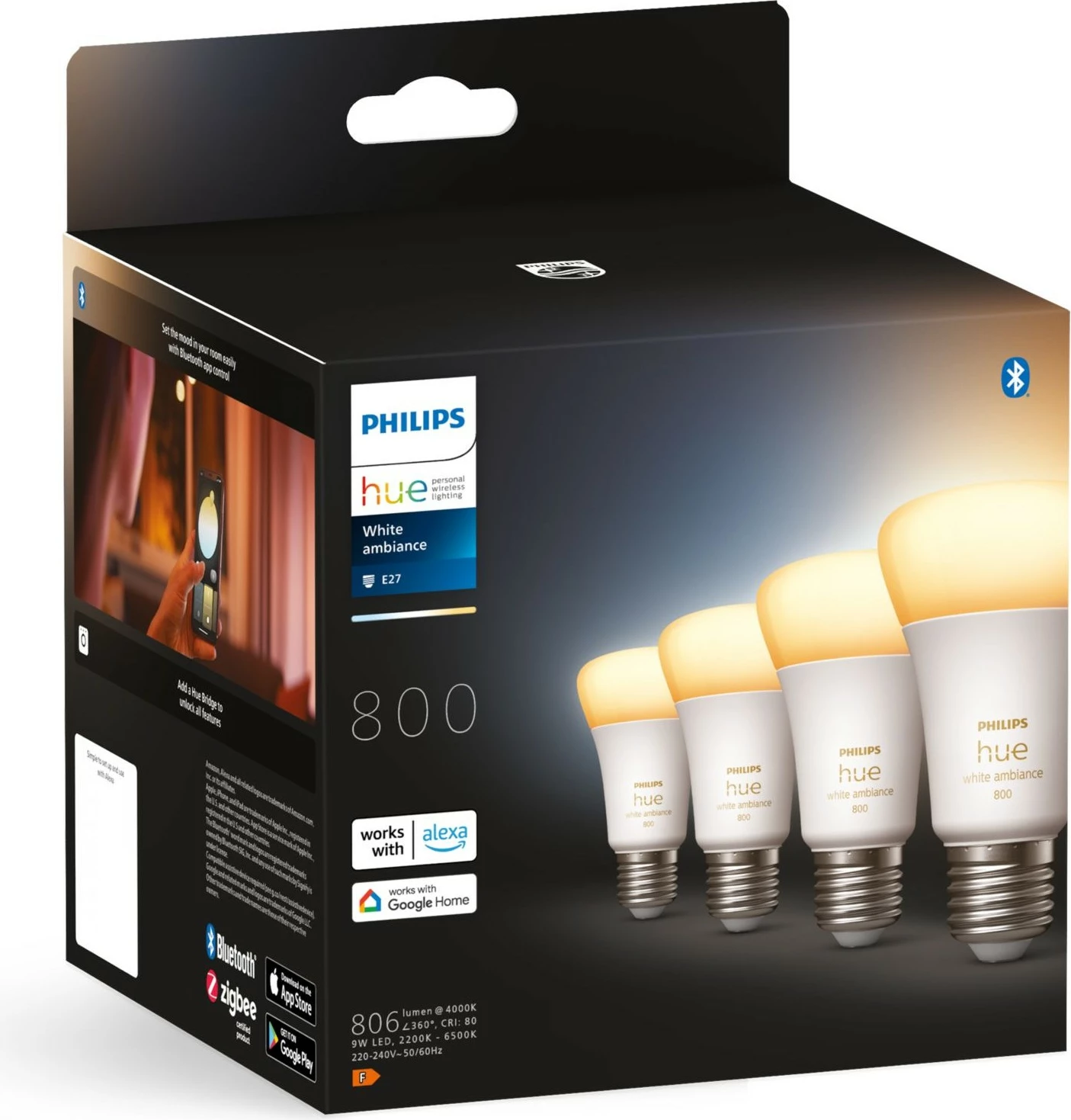 Llambë smart Philips Hue White ambience 4-pack E27, Bluetooth/Zigbee, LED, E27, A60, Bardhë