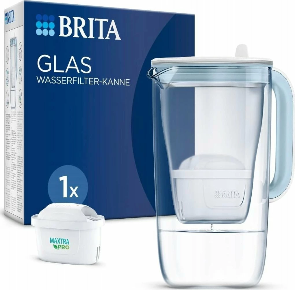 Kanarë filtruese uji Brita Glass 2.5L me indikator elektronik, 2x MAXTRA Pro Pure Performance, transparente/blu