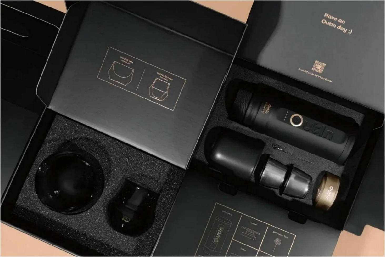 Aparat kafeje portabel OutIn Nano OTST-KRUVE, kapsula Nespresso/miell, wireless, set me gota Kruve, ngjyrë zi/ari