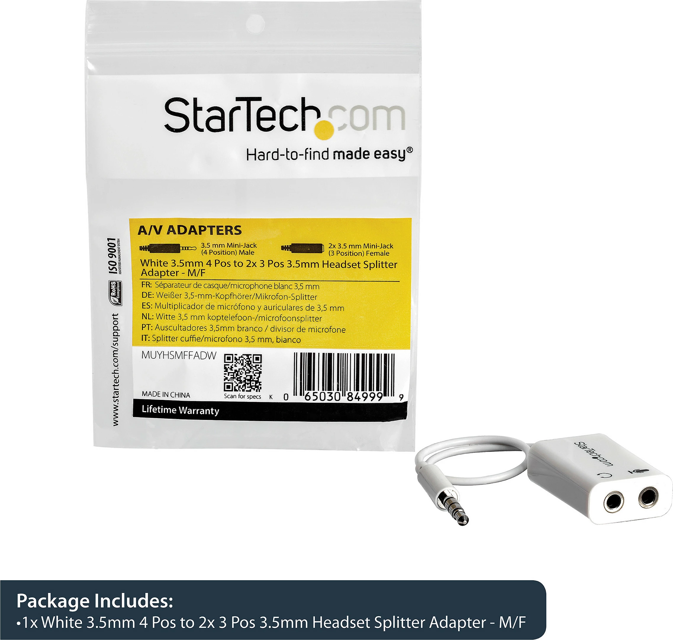 Adapter audio StarTech MUYHSMFFADW, 3.5mm TRRS në 2x 3.5mm (kufje + mikrofon), 15cm, i bardhë
