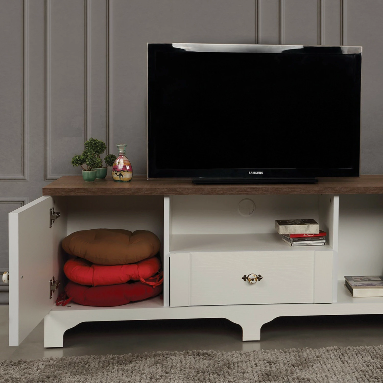 Komodë TV Hanah Home, Gazel 140, e bardhë dhe kafe