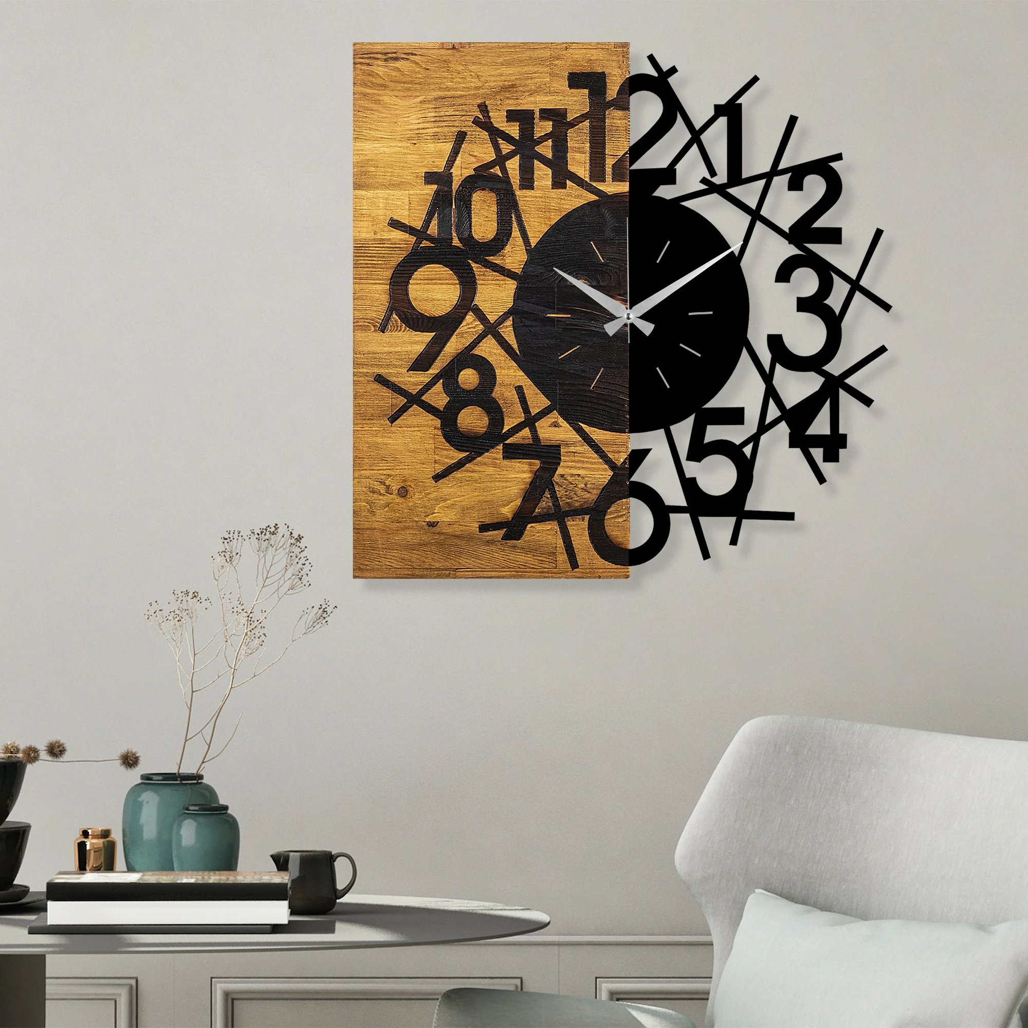 Orë muri dekorative prej druri, Wallity, ngjyrë arre dhe e zezë, 59x3x58cm