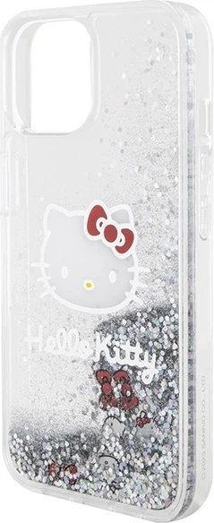 Mbështjellës Hello Kitty Liquid Glitter Charms Kitty Head për iPhone 15, argjend