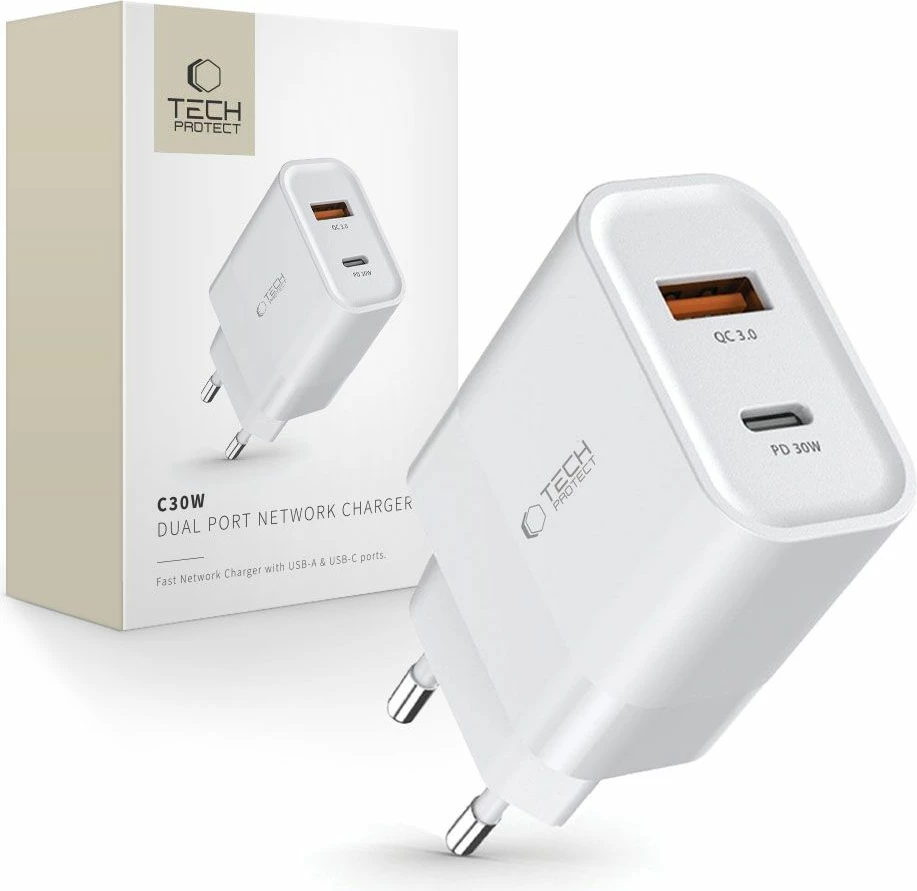 Karikues rrjeti Tech-Protect C30W, 30W, 2 porta USB-C PD & USB-A QC 3.0, i bardhë