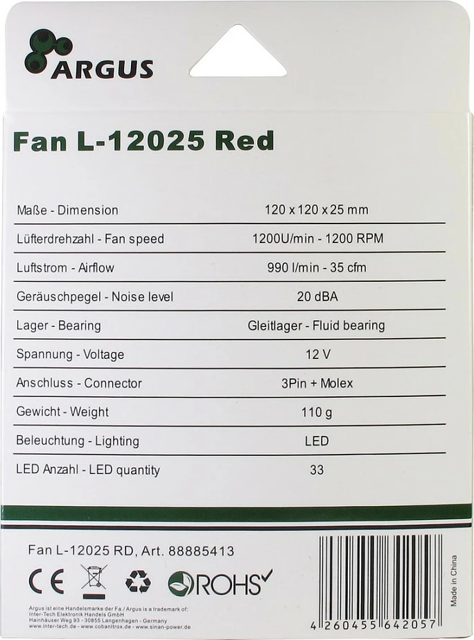 Ventilator kasë Inter-Tech ARGUS L-12025 RD, 120mm, LED e kuqe