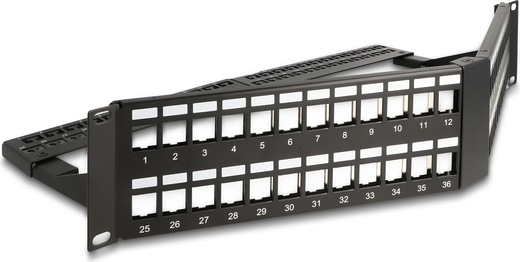 Patch panel DeLOCK 19" Keystone 48 porta, 2U i pjerrët, i zi
