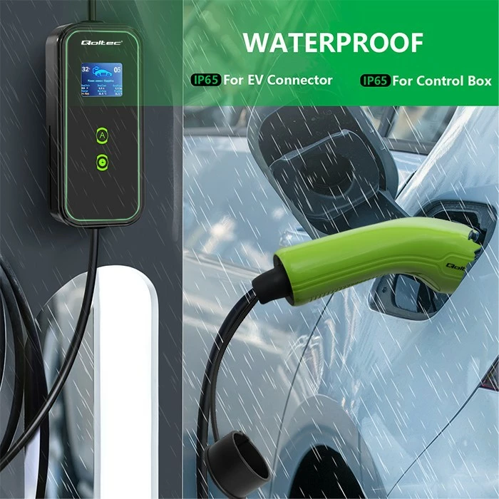 Karikues portativ për vetura elektrike Qoltec 52477, Type 2, 7kW, 5m, WiFi, i zi/gjelbër