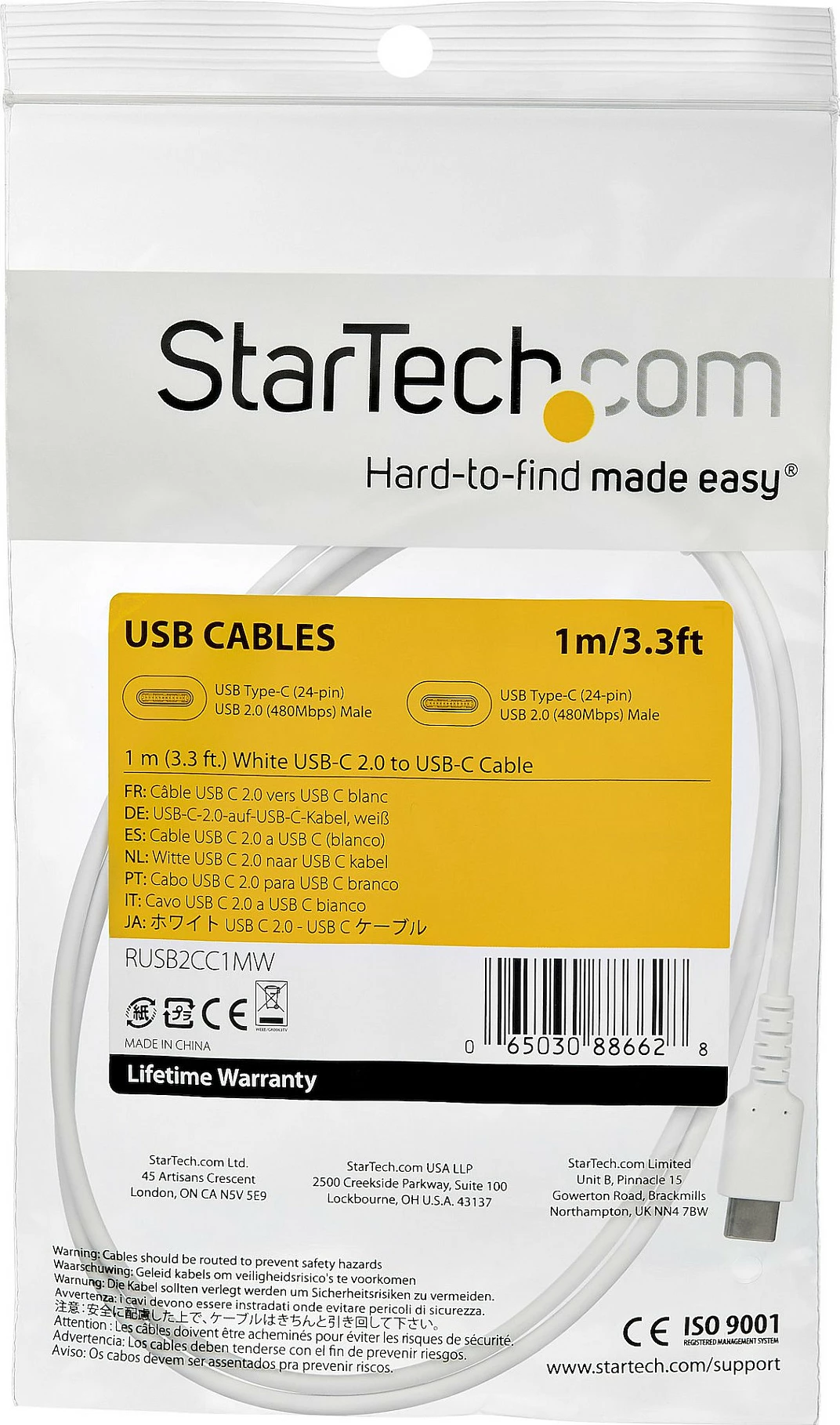 Kabllo USB-C StarTech RUSB2CC1MW, USB-C në USB-C, 1m, USB PD 60W, USB 2.0, e bardhë