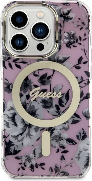 Mbështjellës Guess GUHMP14XHCFWSP për iPhone 14 Pro Max 6.7", Flower MagSafe, rozë