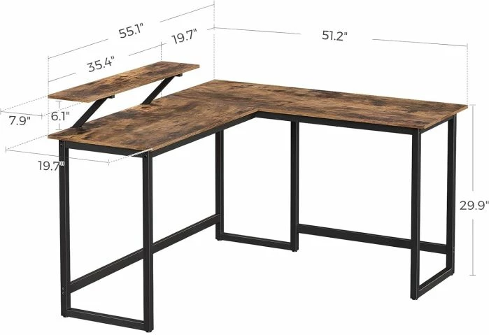 Tavolinë kompjuteri këndore L-shape VASAGLE/SONGMICS ALINRU LWD56X, 140×130 cm, me raft monitori, kafe rustike/zezë