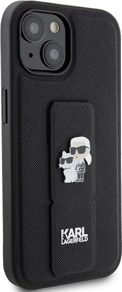 Mbështjellës Karl Lagerfeld Gripstand Saffiano Karl&Choupette Pins për iPhone 15 Plus / 14 Plus, i zi
