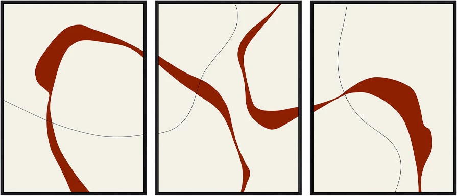 Set pikturash dekorative, 3 copë, kanavacë e bardhë, detaje bordo, MDF i zi, 60x240x4 cm