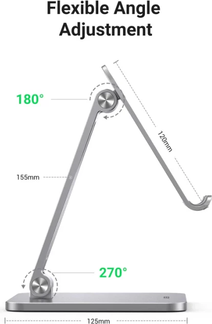 Mbajtëse tableti UGREEN 40393 e rregullueshme alumini, palosëse, deri 12.9\", kënd 5°-150°, argjendtë
