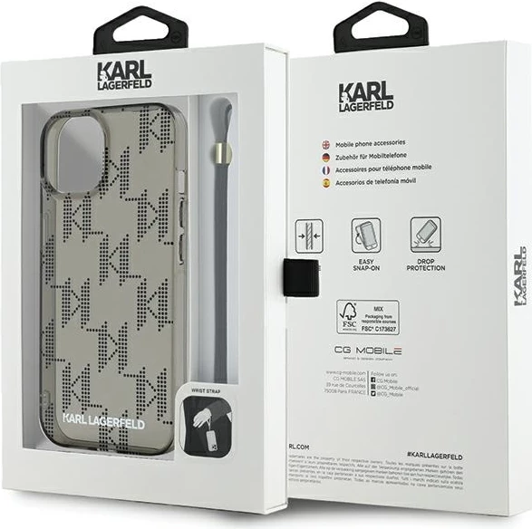 Mbështjellës Karl Lagerfeld IML Mono KL Pattern & Cord për iPhone 15/14/13, i zi