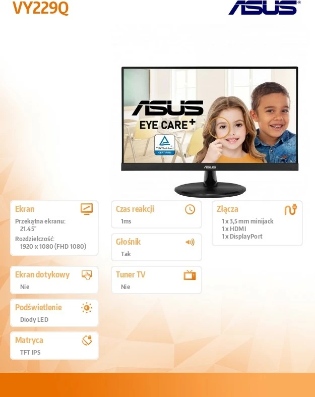 monitor, Asus VY229Q, 21.45" IPS FHD 75Hz 1ms, FreeSync, altoparlantë, DP/HDMI, e zezë