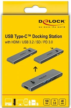 Docking station DeLOCK Dual USB-C, HDMI, USB 3.2, SD/MicroSD, PD 3.0, 4K, metal, gri