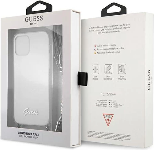 Mbështjellës Guess GUHCP12MKC4GSSI për iPhone 12/12 Pro 6.1", transparent me zinxhir argjendi