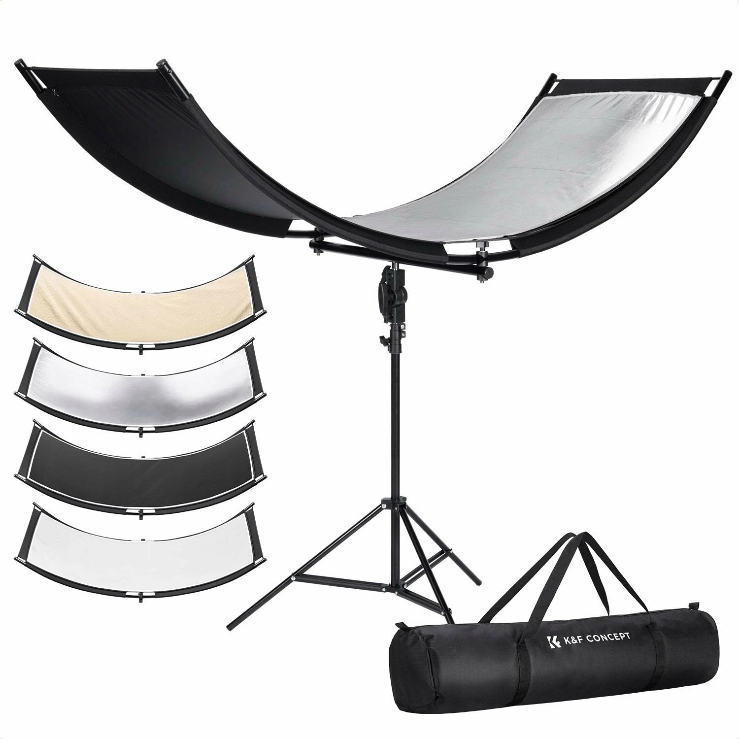 Reflektor studio i lakuar U-Shape K&F Concept KF18.0012 180x60cm 4-në-1 me tripod 67-192cm, bardhë/zi/argjend/artë, set me çantë