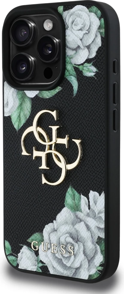Mbështjellës Guess Grained Roses Big 4G logo për iPhone 16 Pro, i zi