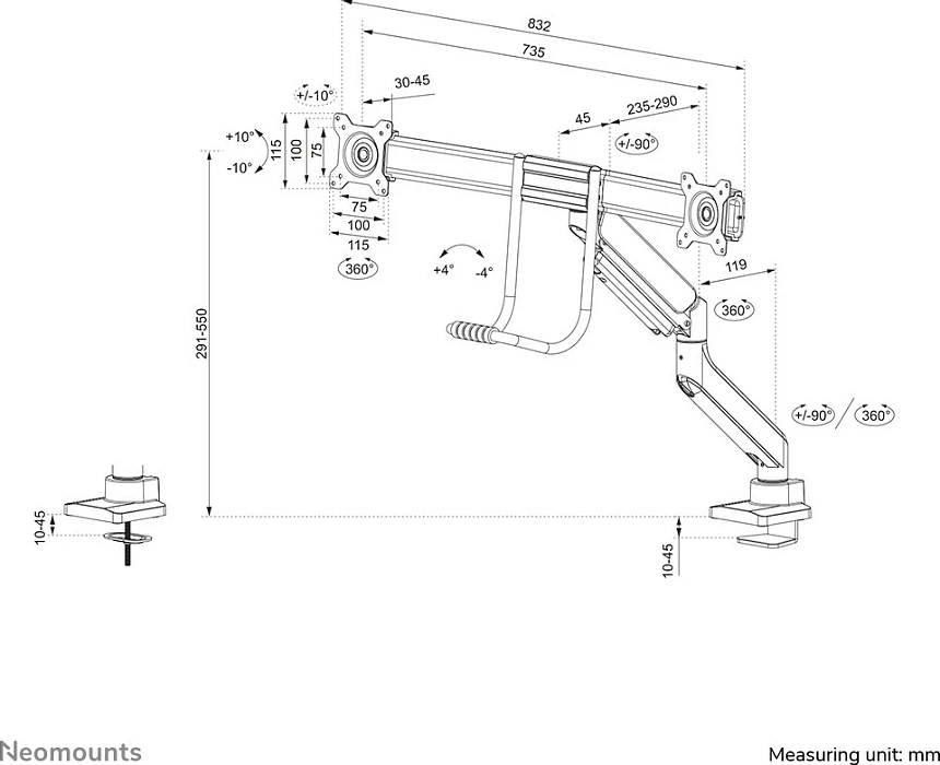 Krah monitori Neomounts DS75-450BL2, Clamp/Grommet, 8 kg, 17"-32", 100 x 100 mm, i zi
