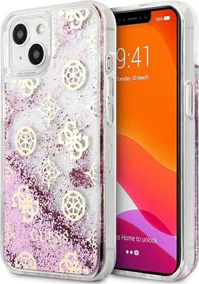 Mbështjellës Guess Peony Liquid Glitter për iPhone 13 mini 5.4", Rozë