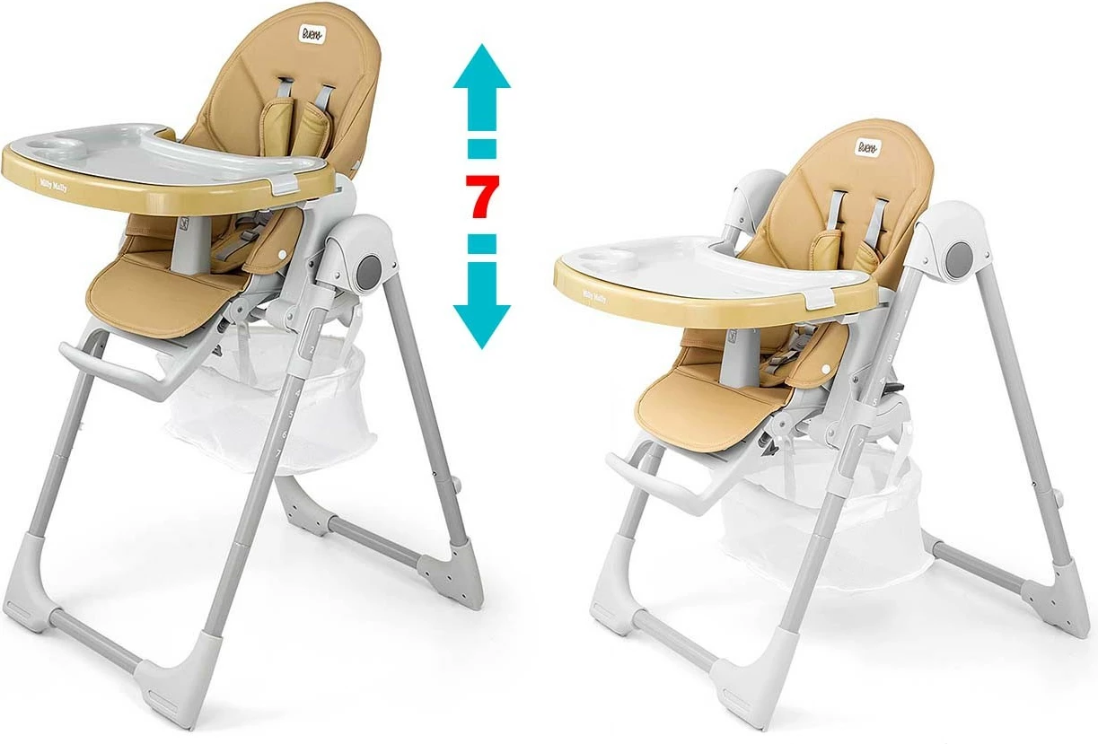 Karrige e lartë ushqimi, Milly Mally, Bueno 3764, rregullim 7 nivele, shpinore me shtrirje, tabaka e heqshme, deri 15 kg, bezhë