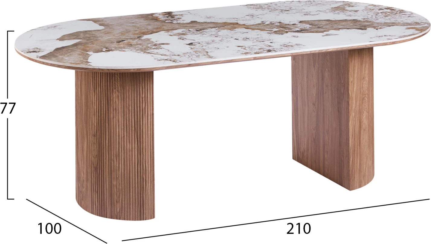 Tavolinë ngrënie ovale MARBLEX, sipërfaqe qeramike Pandora, këmbë MDF ngjyrë arre, 210x100x77cm