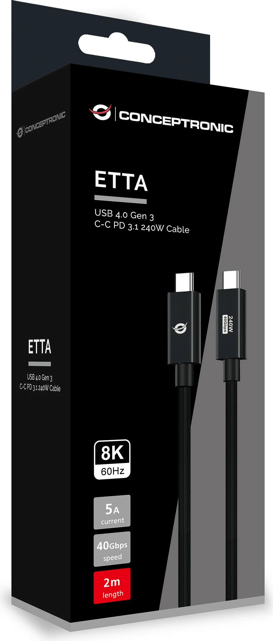Kabëll USB-C Conceptronic ETTA04B20, USB4 Gen 3x2, PD 3.1 240W, 2 m, i zi