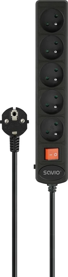Listë mbrojtëse nga rryma, Savio LZ-17, 5 priza të tokëzuara (Type E), siguresë automatike, ndërprerës ON/OFF, kabllo 3 m, 2500 W, prizë Schuko, e zezë