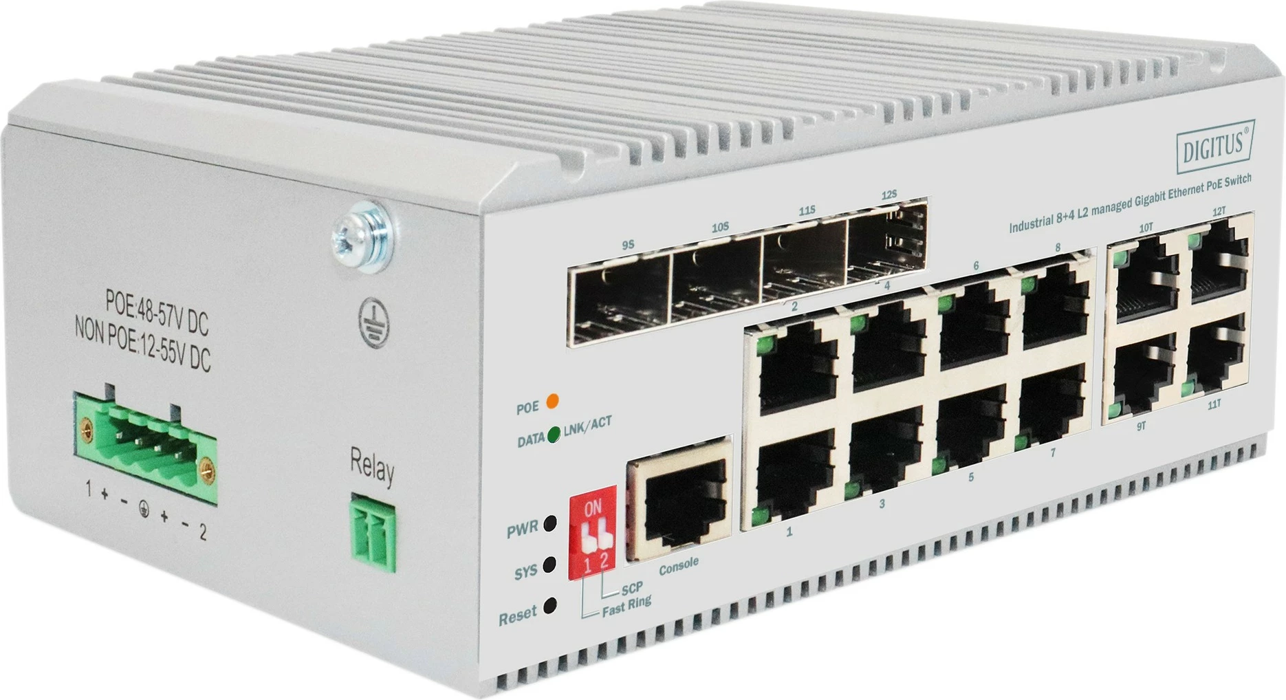 Switch industrial Digitus DN-651139, 8 porta Gigabit PoE, 4 SFP uplink, menaxhim L2, fanless, gri