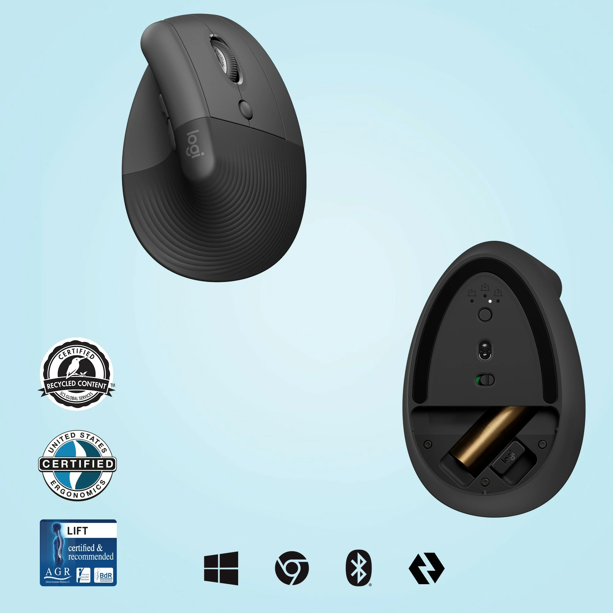 Maus vertikal ergonomik Logitech Lift, RF Wireless + Bluetooth, 4000 DPI, Grafit