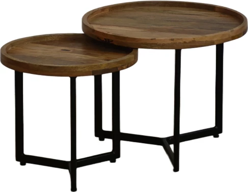 Set tavolinash kafeje Kelly, 2 copë, dru mango natyral, këmbë metalike të zeza