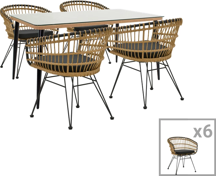 Tavolinë me karrige Naoki C set prej 7 copash, ratan natyral-metal i zi-xham 160x90x78cm