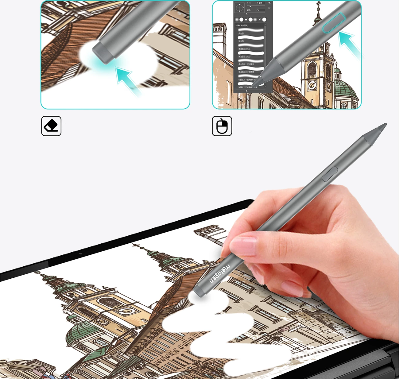 Stilus, Metapen, Pen M2, Microsoft Pen Protocol, 4096 nivele presioni, Tilt, gomë e pasme, USB-C, deri 100 orë, gri