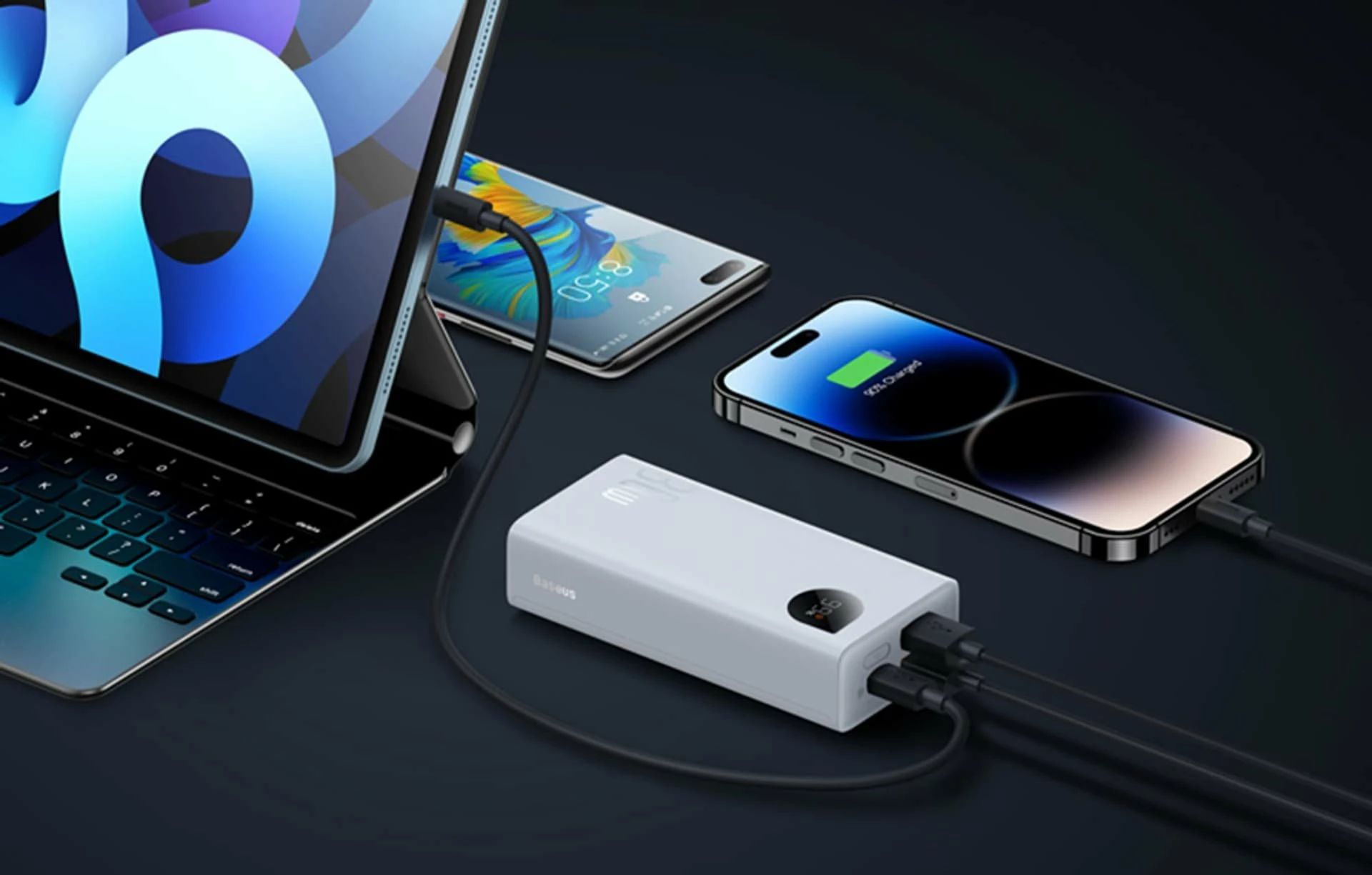 Powerbank Baseus Adaman2 10000mAh 30W PD me display, 3 porta, me kabllo USB-C 30cm, i bardhë
