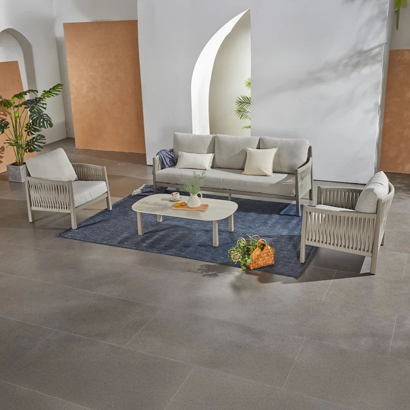 Set salloni për jashtë Feralda, alumin, litar, ngjyrë bezhë, pëlhurë gri e çelët