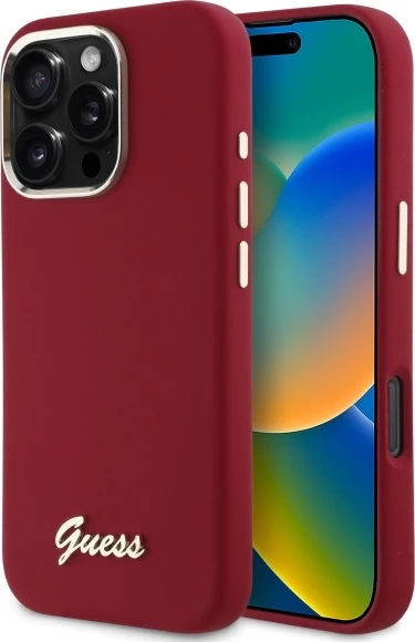 Mbështjellës Guess Silicone Script Metal Logo për iPhone 16 Pro, Kuqe