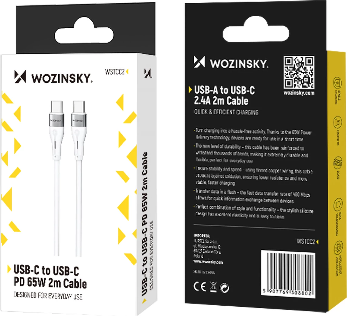 Kabllo USB-C në USB-C Wozinsky WSTCC2, 2m, 65W, e bardhë