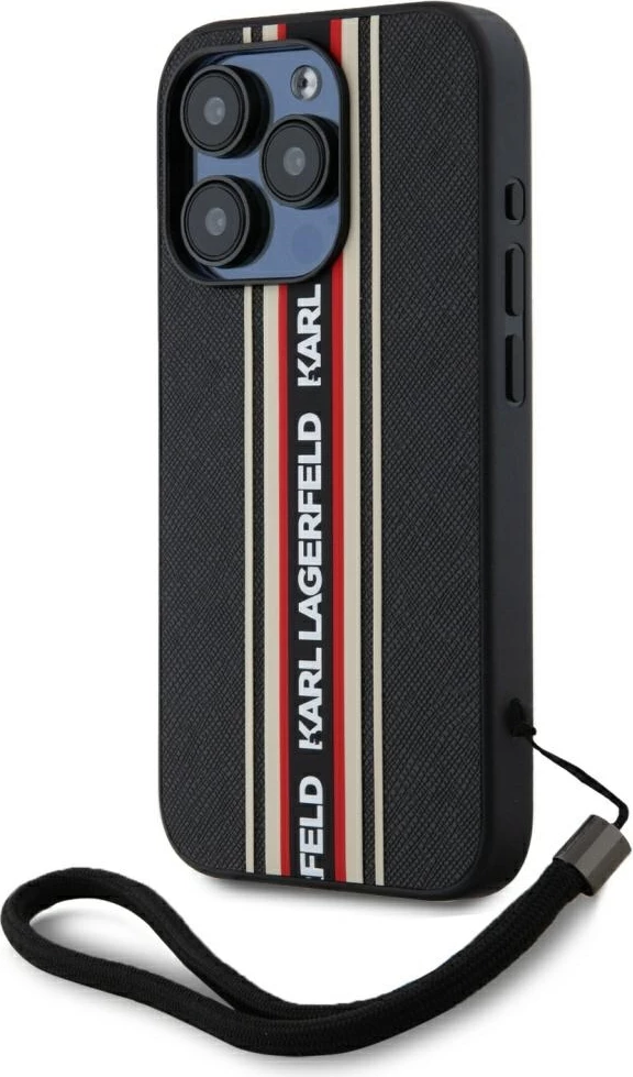 Mbështjellës Karl Lagerfeld Saffiano Athleisure Stripes Cord për iPhone 15 Pro, Kuq