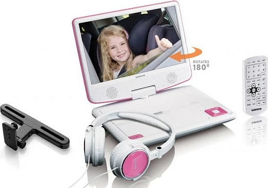 DVD Player portativ Lenco DVP-910, 9 inç, USB, me mbajtëse për makinë, rozë/bardhë