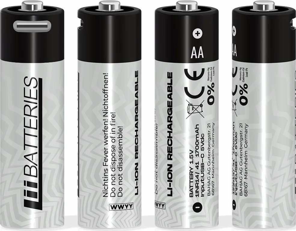 Bateri rikarikueshme Li-Ion AA/R6 LiiBatteries LIB667097 1.5V 1700mAh USB-C 4 copë