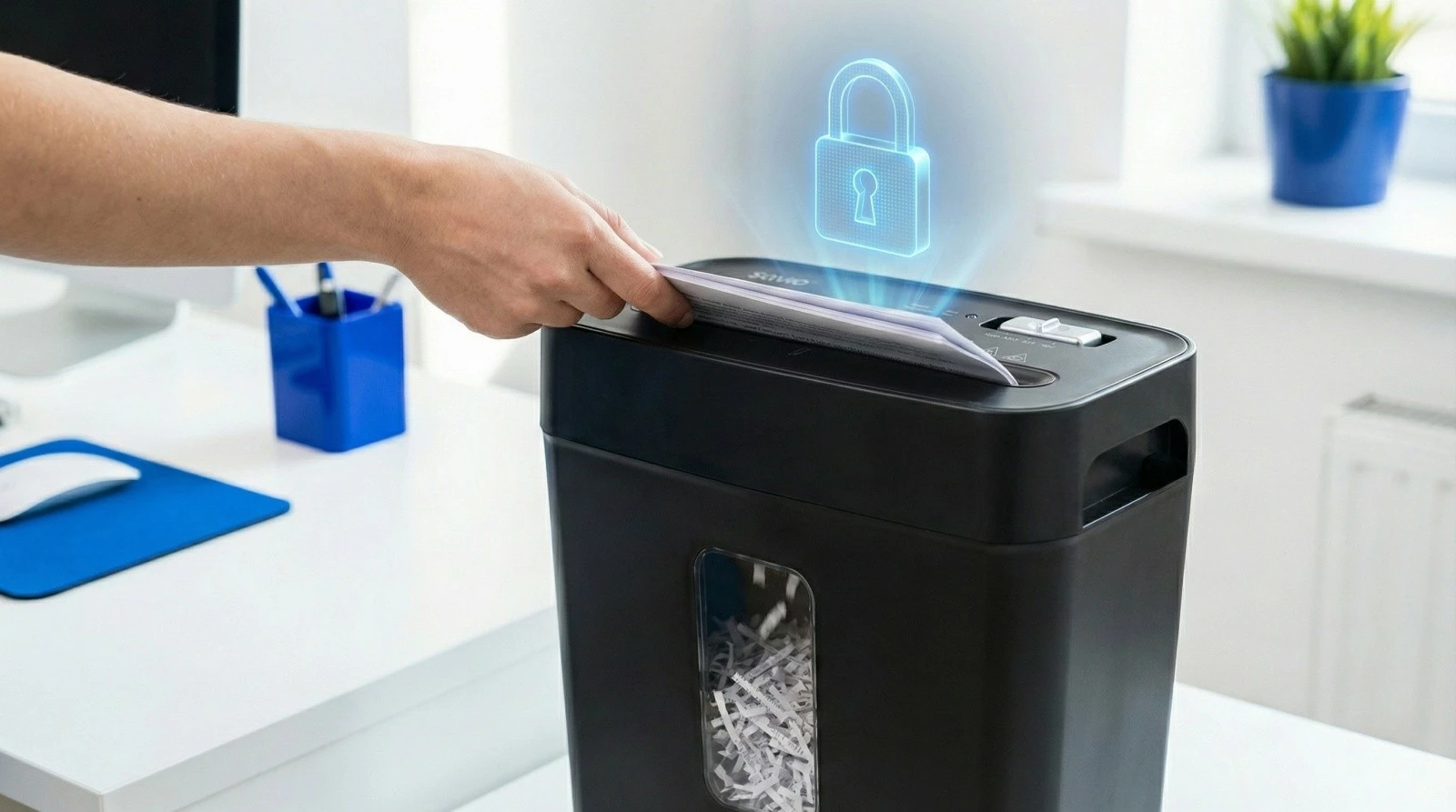 Shredder dokumentesh Savio ND-01, cross-cut P-4, 6 fletë, kosh 11.5 L, i zi