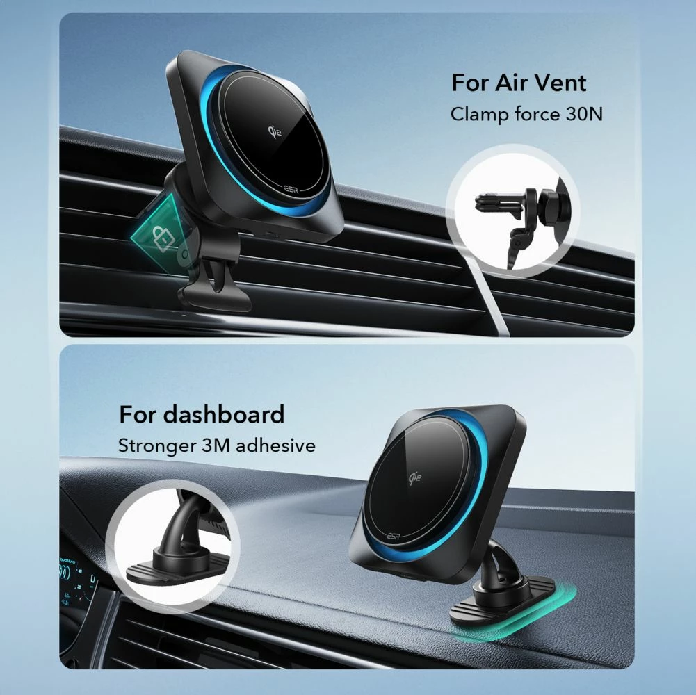 Mbajtës dhe karikues wireless ESR HaloLock CryoBoost MagSafe për veturë, Qi2 15W, i zi