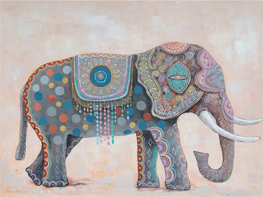 Pikturë dekorative elefant, shumëngjyrëshe, kanavacë-dru, 100x76x4cm