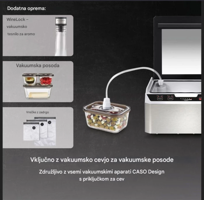 Makinë vakumimi me dhomë CASO VacuChef 40 280W, 70 L/min, saldim i dyfishtë 25 cm, set me 20 qese + tub vakumi, Inoks