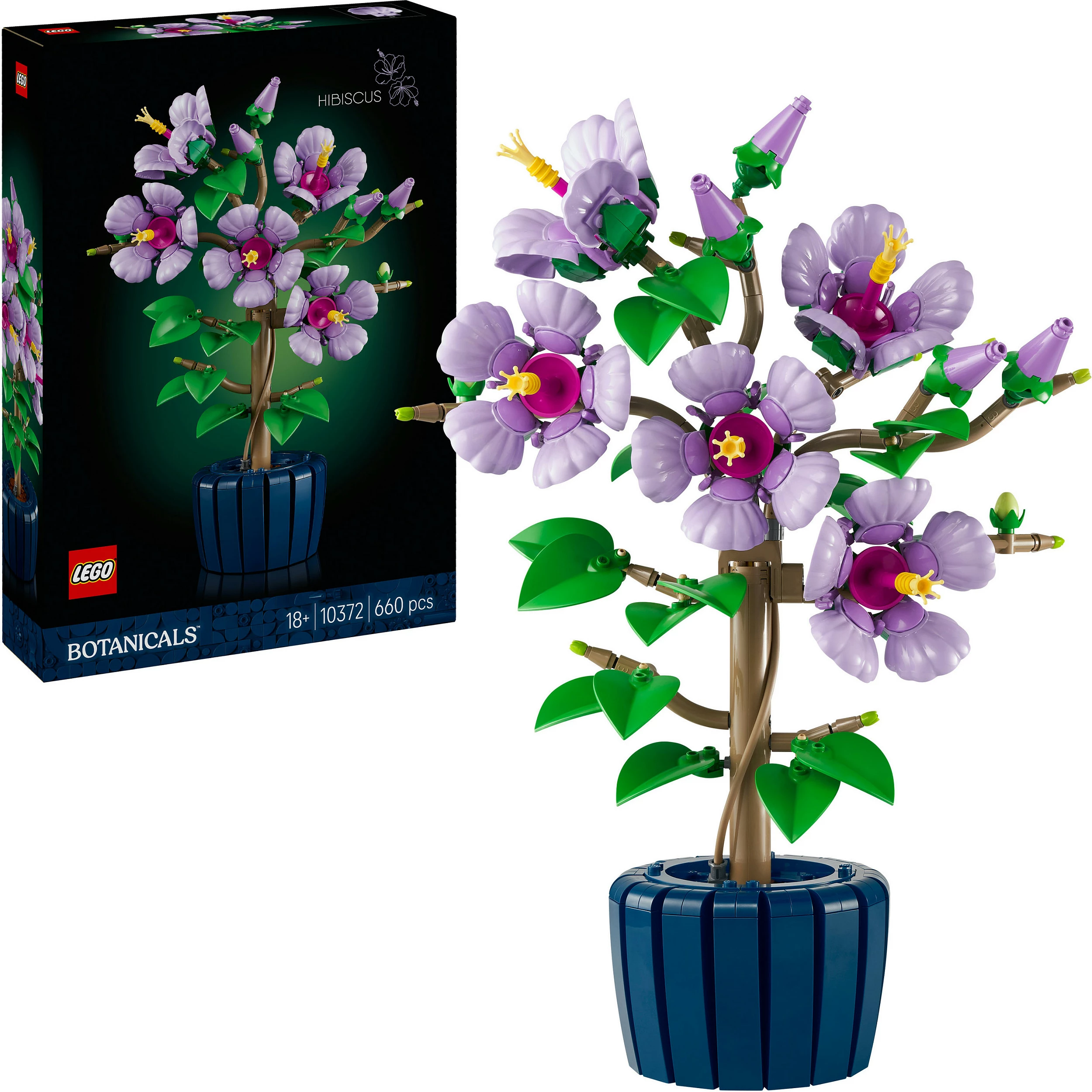 Set LEGO Icons 10372 Hibiskus, Botanicals, 660 copë, lule lejla me vazo blu