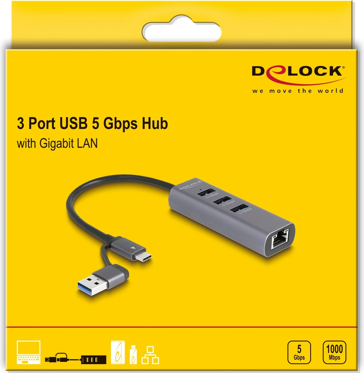 USB hub me 3 porta + LAN DeLOCK, USB 3.2 Gen 1, Type-C/Type-A, 5 Gbps, metalik, gri